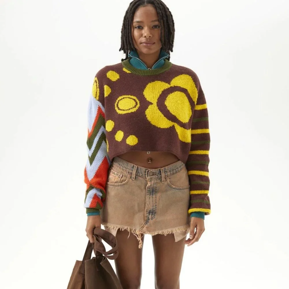 Urban Outfitters BDG Rio Y2K Mixed Print Colorful Cropped Sweater - Picture 2 of 8